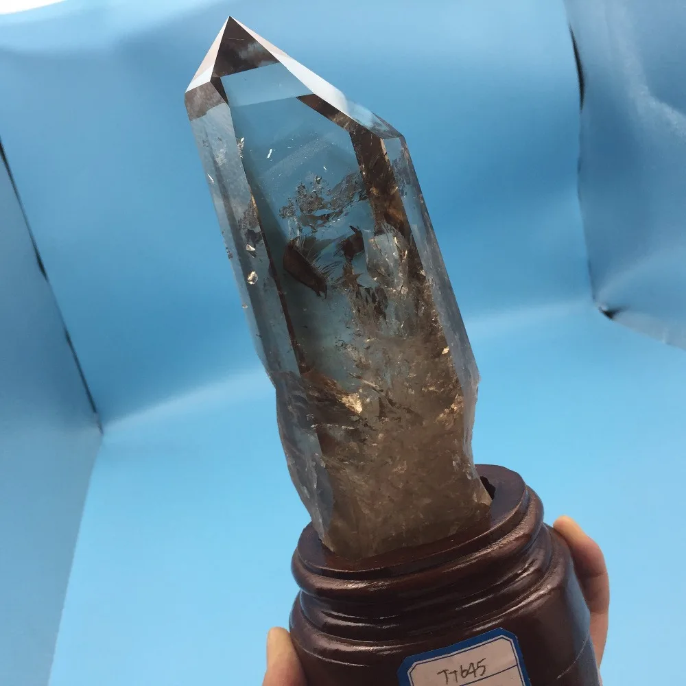 

1.3kg Natural Rock Smoky Quartz Crystal Polished Single Point Wand with Wood Base Home Decoration for Wedding or Christmas