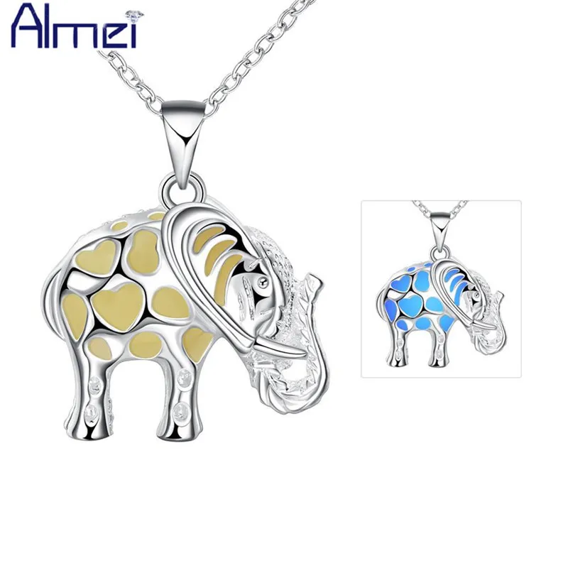 Серебристое ожерелье со слоном Almei светящееся в темноте кулон с камнем
