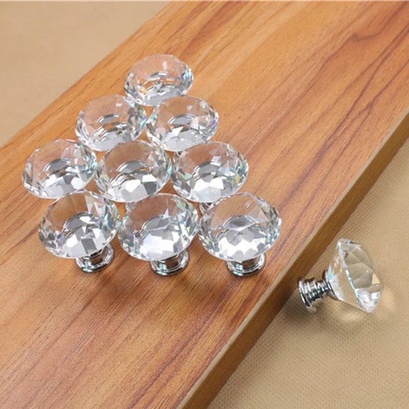5PCS 30mm Clear Crystal Glass Diamond Door Handles Kitchen Home Cupboard Wardrobe Knobs