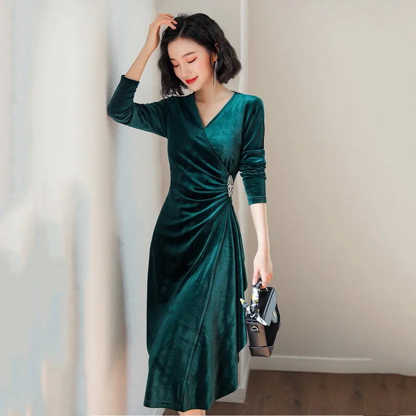 2019 Primavera Verde Abito di Velluto Per Le Donne Del Partito di Sera  Abiti Vintage Elegante Una Linea di Abito Femme Abiti Vestido De  festa|vestido vestido de festa|velvet dresses for womendress for