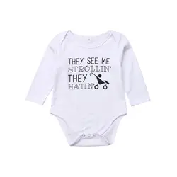 Для новорожденных девочек мальчиков одежда с текстовым принтом коляска комбинезон боди наряды с длинным рукавом хлопковая детская одежда