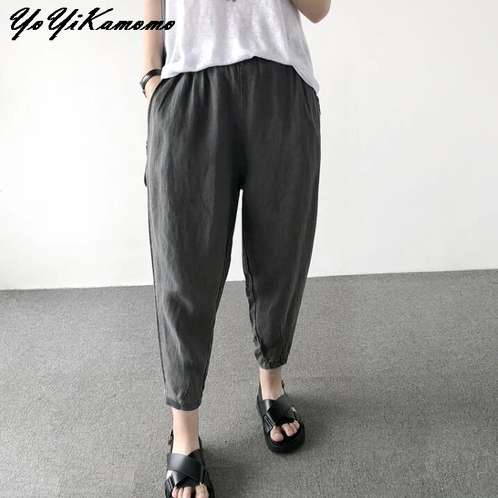 

YoYiKamomo Cotton Linen Trousers Women 2018 High Waist Summer Pants Solid Color Loose Korean Fahion Women Pants