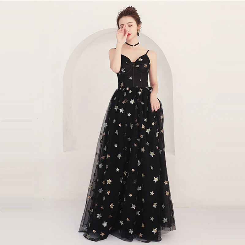 

Formal Evening Dresses Black Stars Prints V-Neck Spaghetti Strap Floor Length Evening Dress Party Gown LF394