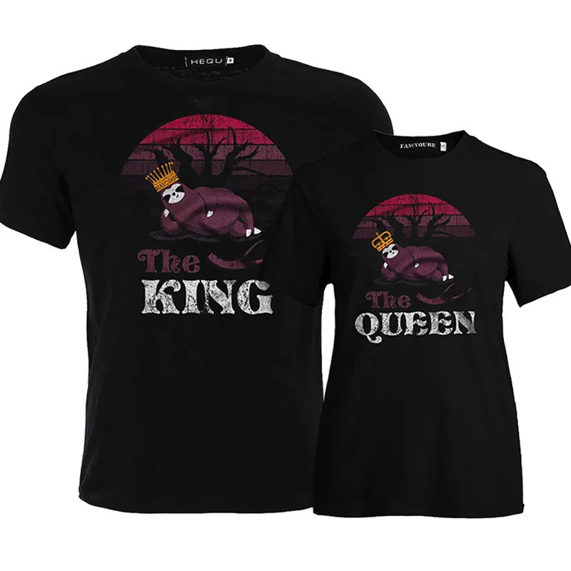 

Women T Shirts 2019 Summer Sloth Printed Queen King Letter Couple Short-sleeved Lovers T-shirt