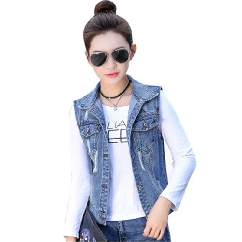 

2019 Women's Denim Vest Korean Casual Pocket Short Female Waistcoats Jean Sleeveless Jacket Women Plus size Vests 4XL 5XL Y4452