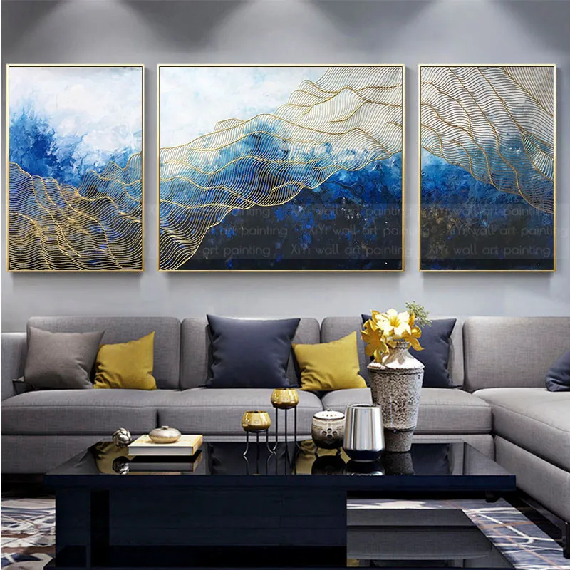 

3 pieces decoration for home canvas painting wall art picture for living room home wall decor original gold blue acrylic texture