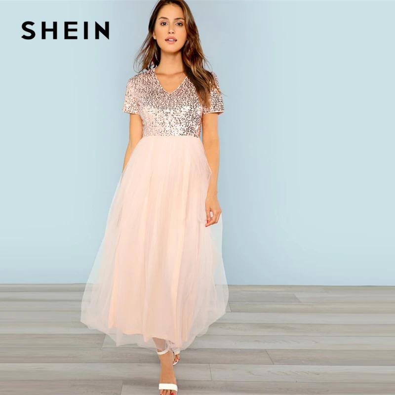 SHEIN Pink Party Contrast Mesh Sequin Bodice V Neck Short Sleeve Maxi