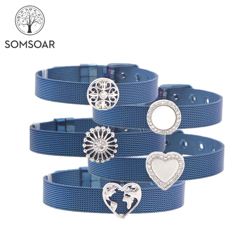 

Somsoar Jewelry Blue Stainless Steel Mesh Bracelet Bangles with Slide Charms DIY Jewelry as special Gift