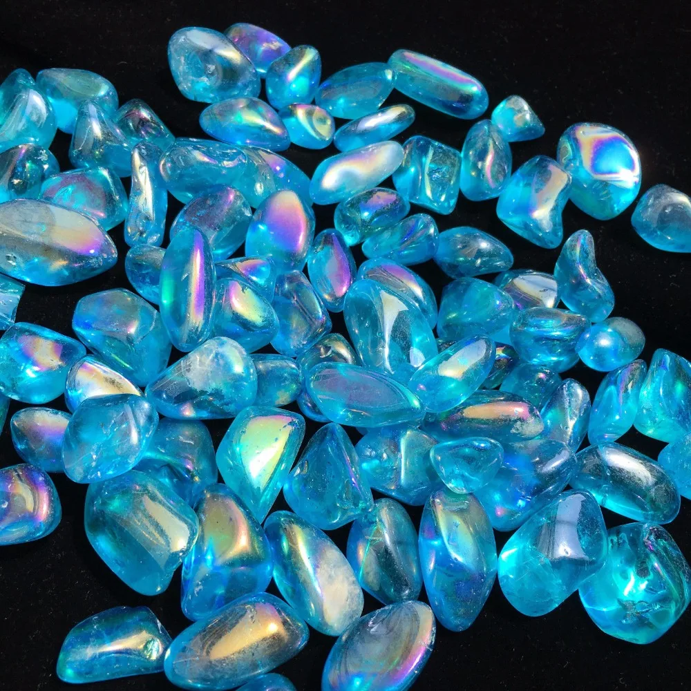 

100g natural clear quartz electroplate Blue Tumbled stone Rainbow aura crystal gravel for healing