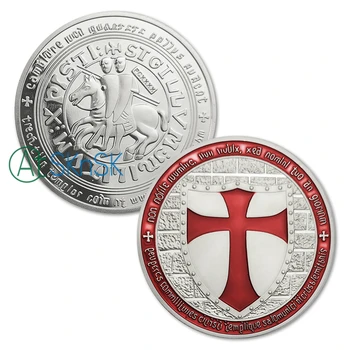 

Wholesale 50Pcs/Lot Silver Plated Souvenir Coins Red Color Knight Templar Cross Bullion Coin Commemorative Coins Collectibles