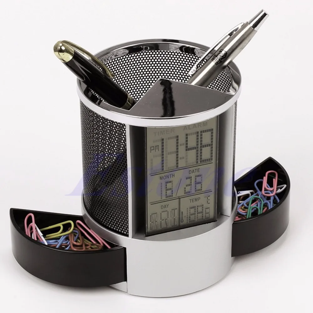 Mesh Pen Pencil Holder with Digital LCD Office Desk ALarm Clock with