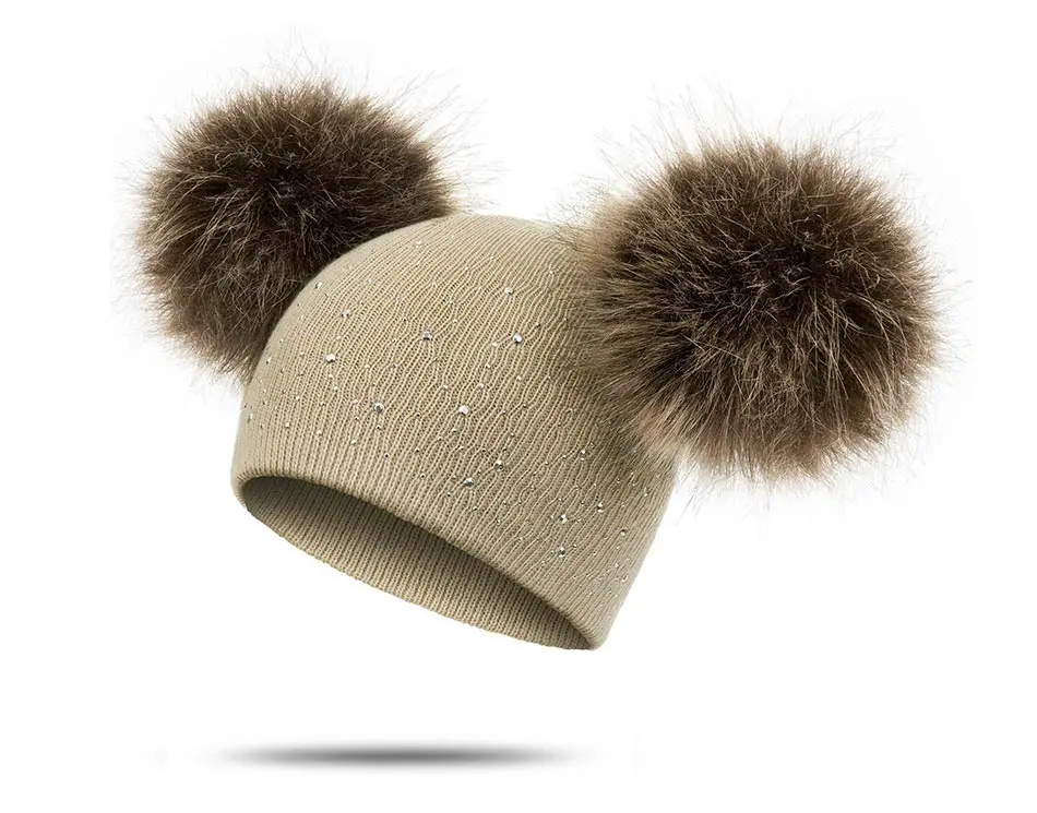 Новая детская зимняя шапка, теплая Милая шапка с двумя помпонами и стразами для мальчиков и девочек, теплые шапочки, брендовая детская зимняя шапка, хлопковая вязаная шапка унисекс