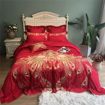 

luxury Embroidered Egyptian cotton Royal Bedding sets Queen King red Wedding Duvet cover Bed sheet set Pillowcases 4/6pcs