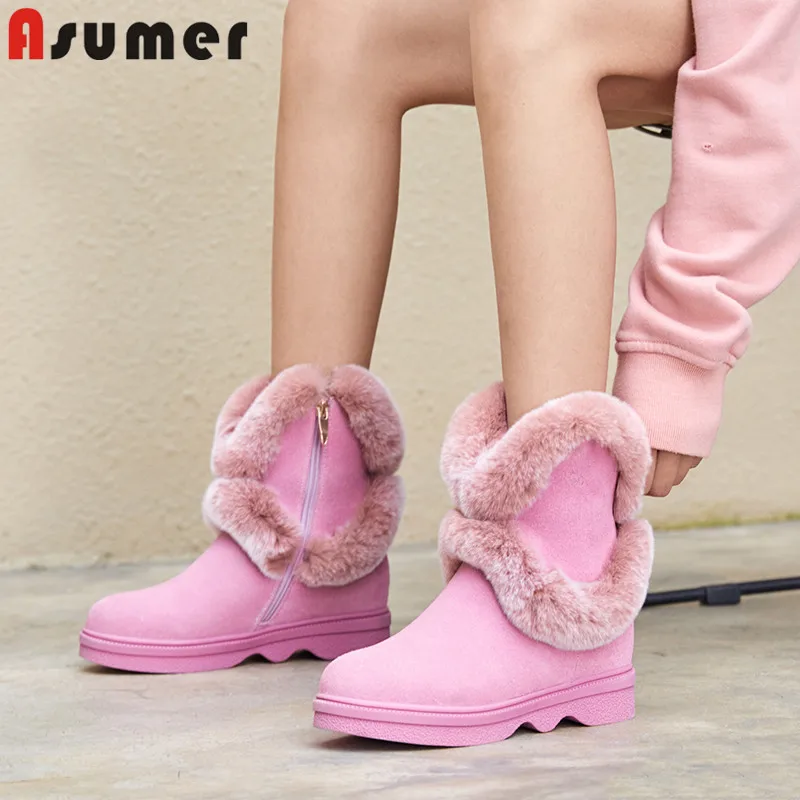 

ASUMER 2018 new winter snow boots women round toe zip ankle boots for women fur keep warm plush suede leather boots ladies shoes