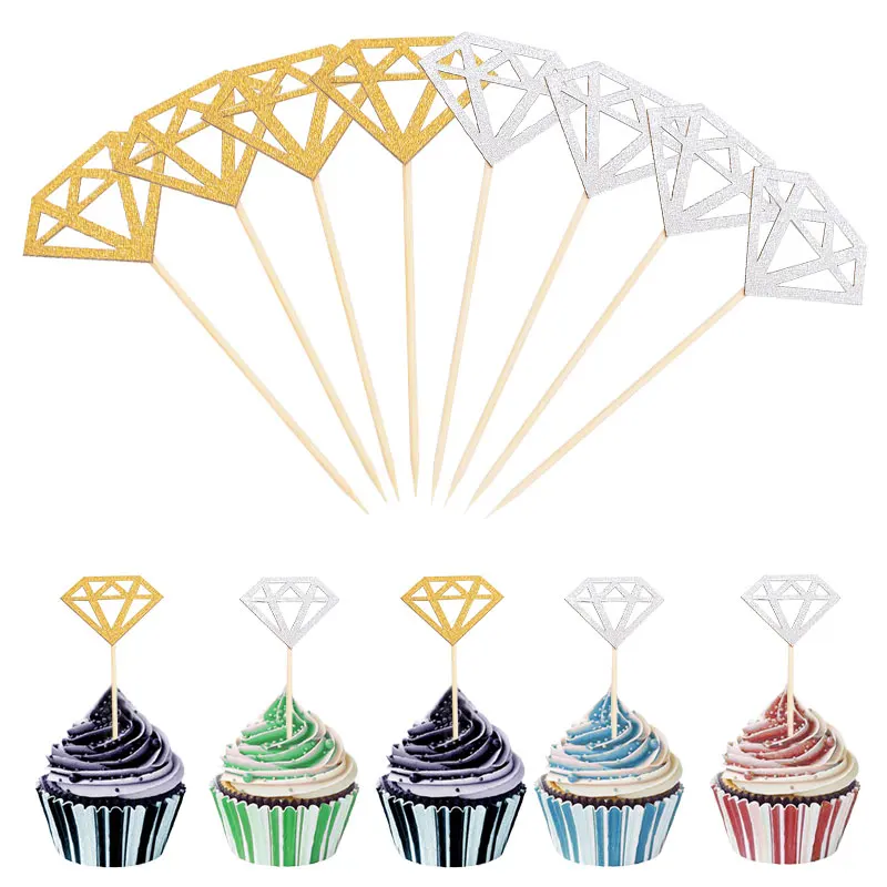 10-30pcs Gold Silver Glitter Hollow Diamond Cupcake Toppers For Wedding Ceremony Birthday Party Cake Topper Decoration Supplies