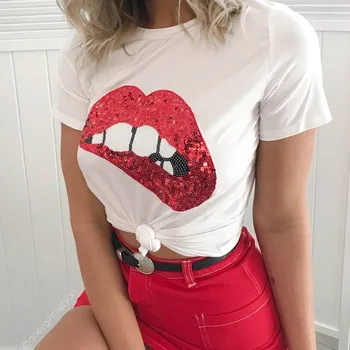 

Japanese Sequins Lip T-shirt Women Casual Fashion Loose Pullover Short Sleeve Cotton Tops T-shirts Women Clothes Cute Tees