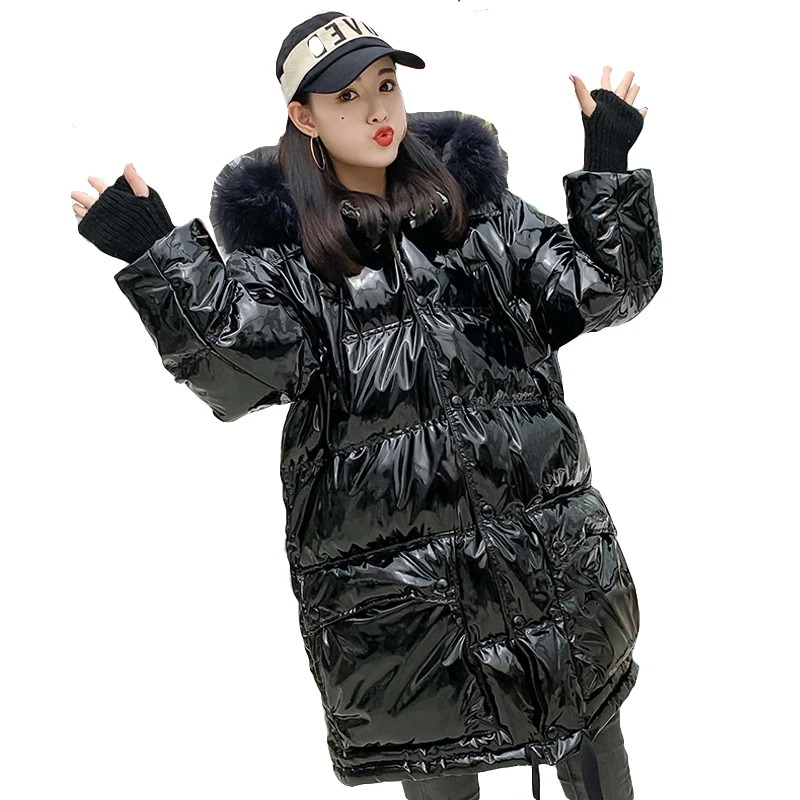 Fashion Bright Down Jacket Big Fur Collar Thicken Long Winter Warm Parka Coat Down Jacket Female Snow Winter Clothes