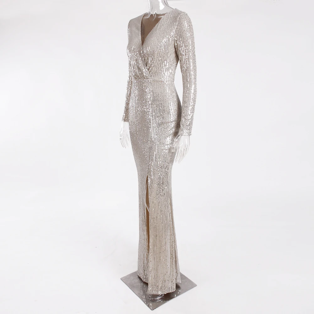 Облегающее блестящее вечернее платье с глубоким v-образным вырезом и серебристыми пайетками, платье в пол с разрезом и длинным рукавом на подкладке, плотное платье, посылка на бедрах