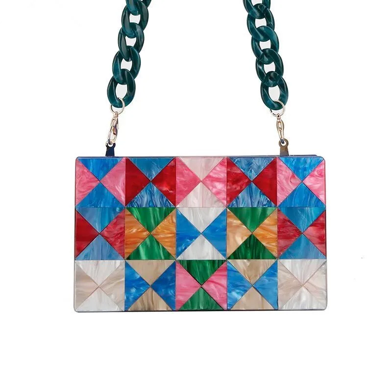 

Pearl Colorful Geometric Rhombus Red Fabric Acrylic Clutch Box Bags Women Shoulder Messenger Travel Beach Summer Acrylic Bags