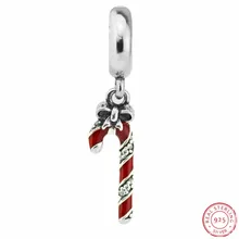 925 пробы серебряные сверкающие конфеты тростника Красивая подвеска особенности красные полосы DIY Fit PANDORA Подвески для женщин ювелирных изделий FL644