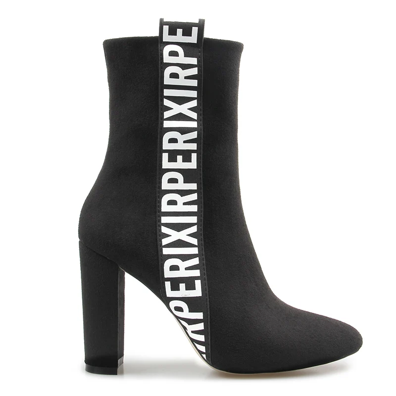 Женские Модные ботильоны из искусственной замши; обувь с острым носком на высоком квадратном каблуке; Botas Mujer Botte Femme; модная обувь высокого качества - Цвет: Черный