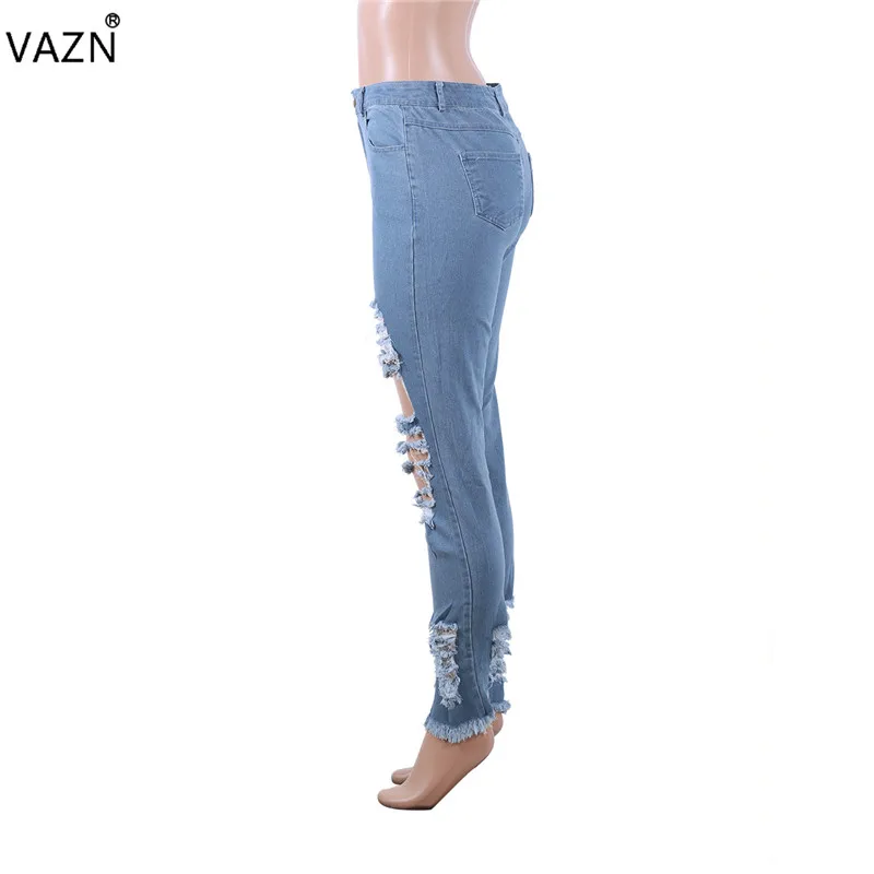 VAZN 2019, Новое поступление, женские джинсовые брюки, однотонные, тонкие, значительно выше, с дырочками, Джокер, длинные узкие брюки ME281