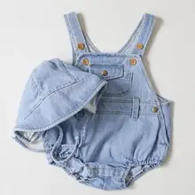 Джинсовые комбинезоны для маленьких мальчиков и девочек г., летний детский комбинезон с шапкой, однотонные джинсовые комбинезоны детская одежда modis Y1271