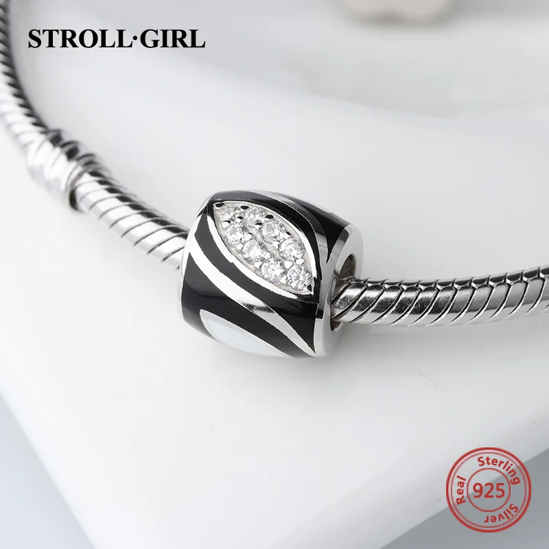StrollGirl high polish black&white charms with CZ 925 silver vintage beads fit original pandora bracelet jewelry making men gift