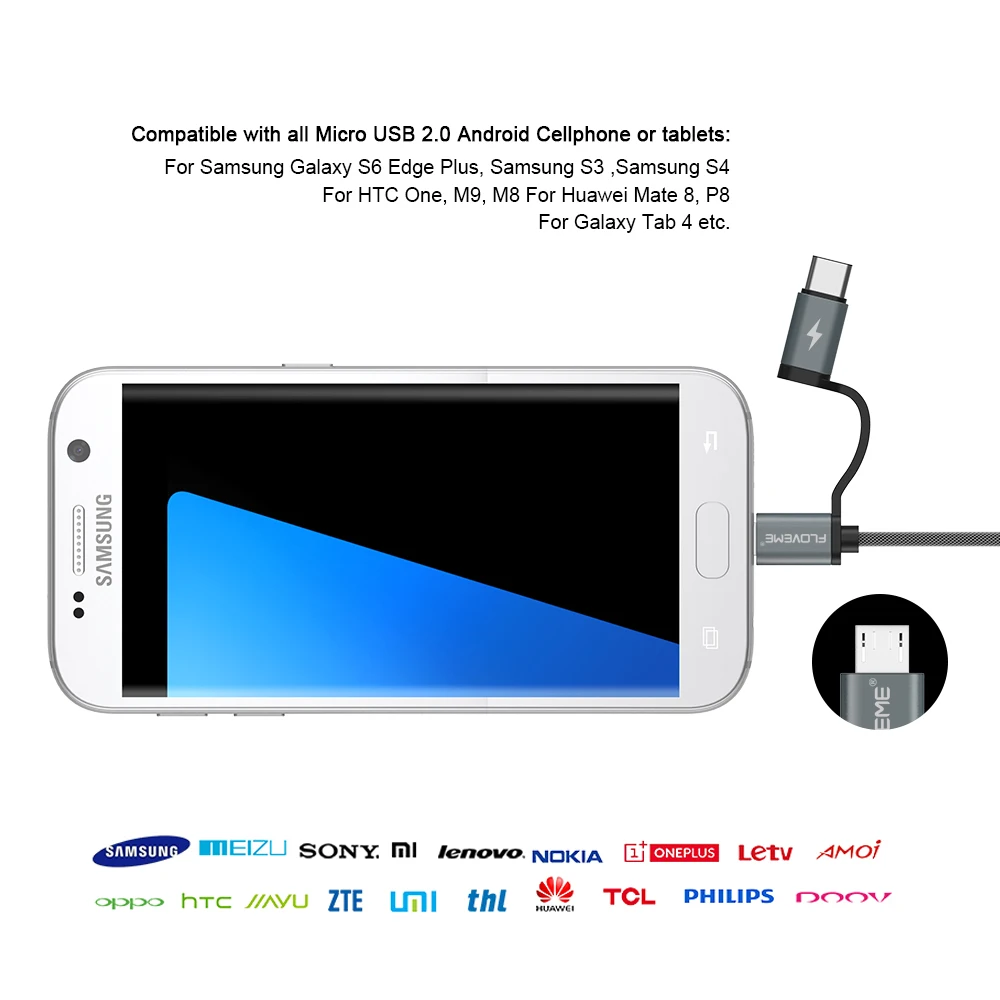 FLOVEME 2 в 1 Mirco USB+ type-C USB кабель в оплетке быстрое зарядное устройство QC 3,0 USB-C кабель для мобильного телефона для Galaxy S8 Xiaomi смартфон