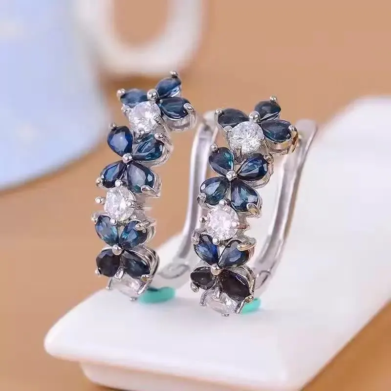 

Fidelity natural 3*4mm sapphire stone stud earrings s925 sterling silver flowers fine jewelry for women Natural blue gemstone