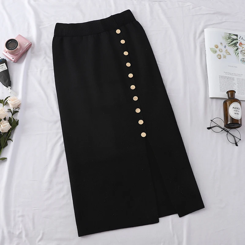 Winter Women Fashion Button Knitted Skirt Female High Empire Skirt Office Lady Single-breasted Elastic Slim Split One-step Skirt