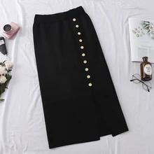 Winter Women Fashion Button Knitted Skirt Female High Empire Skirt Office Lady Single-breasted Elastic Slim Split One-step Skirt