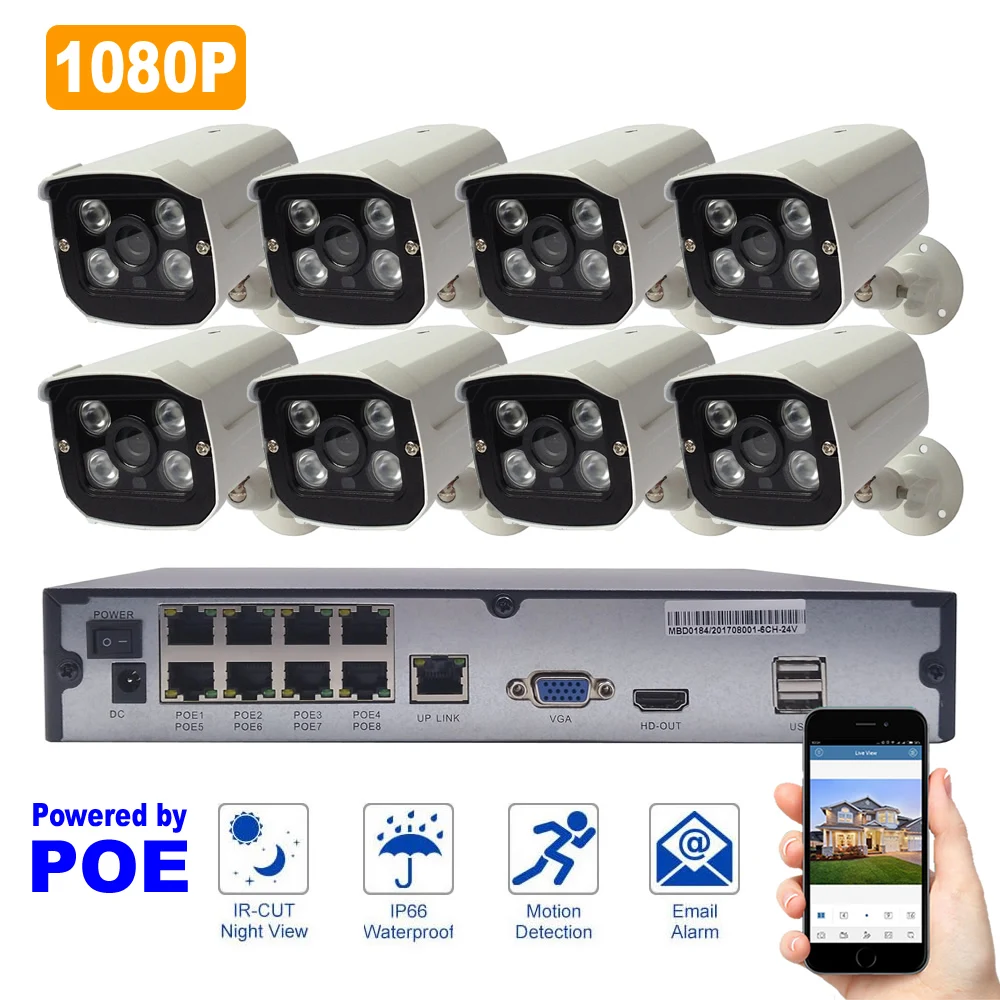 8 канальная система видеонаблюдения POE 1080P уличных IP камер NVR Kit 2 МП