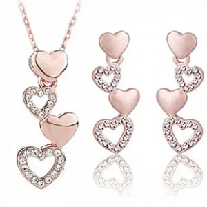 

2017 New Fashion Rhinestone Double Heart Hollow Out Long Pendant necklace Earrings 2 PCS Set jewelry sets wholesale Gold