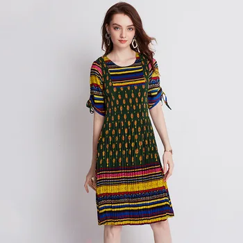 

Women Colourful Rainbow Print Dress Summer Fashion Tidal Pleats Dress