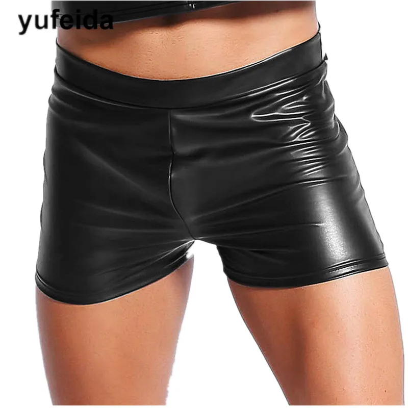 

YUFEIDA New Men's Skinny Faux Leather Boxers Shorts Men's Shorts Sexy Men's Solid Black PU Underwear Underpants Clubwear Panties
