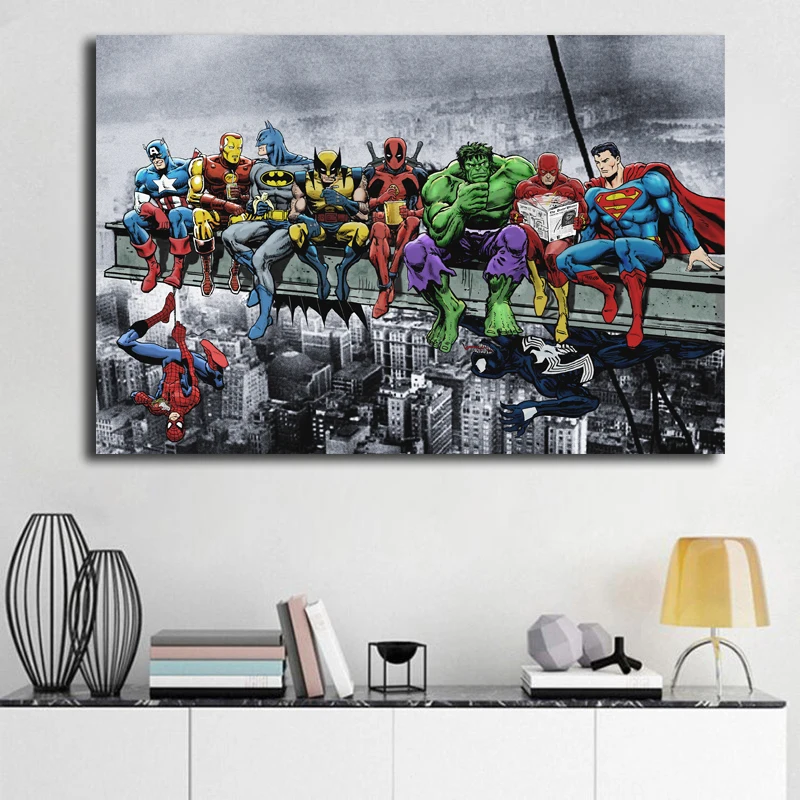 DC Marvel Супер Герои плакат ланч на небоскребе Мстители Endgame Холст Картина Человек-паук Халк Дэдпул настенные художественные картины