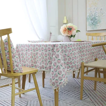 

Cartoon peach print Cotton Linen Blending Tassel Table Cloth Europe Style Dinning Table Cover Tablecloth For Kitchen Home Party