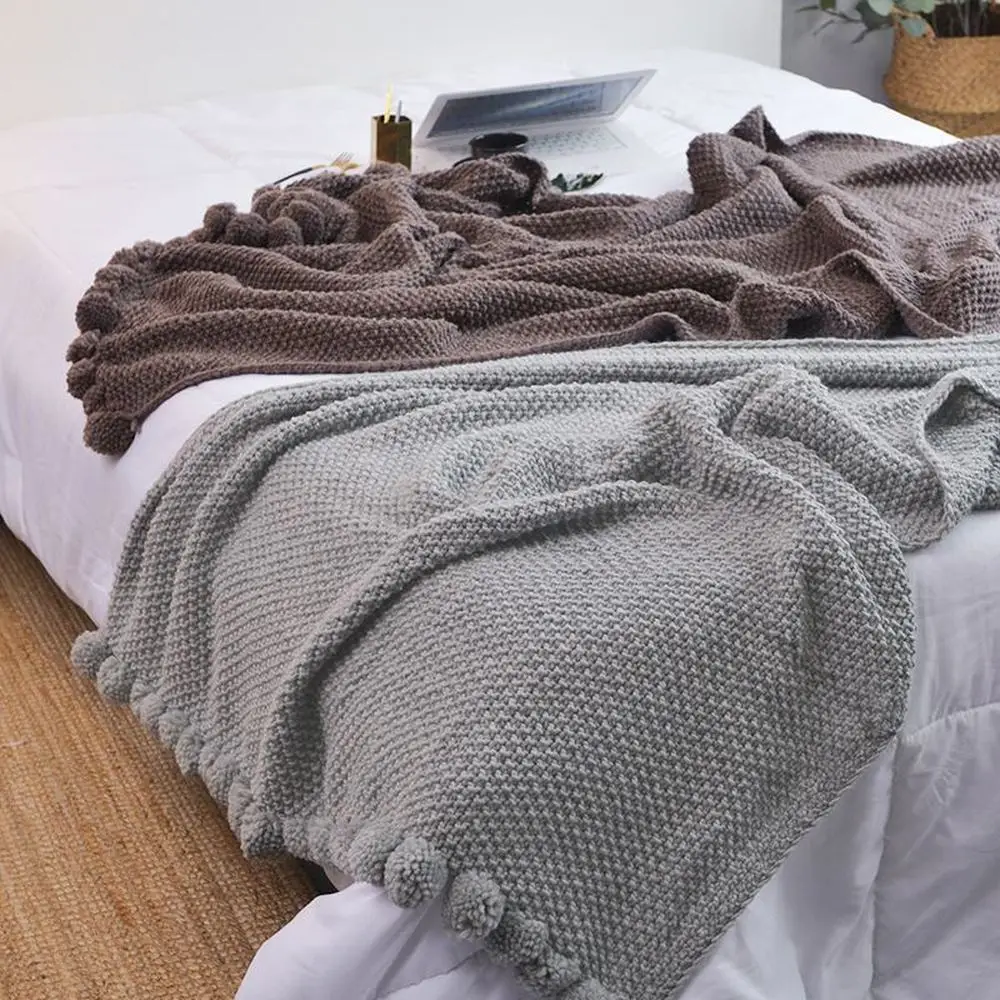 

Nordic Soft Reversible Pom Pom Knitted Throw Crochet Blanket Cotton Rug Bed Sofa Home Decoration 130x160CM