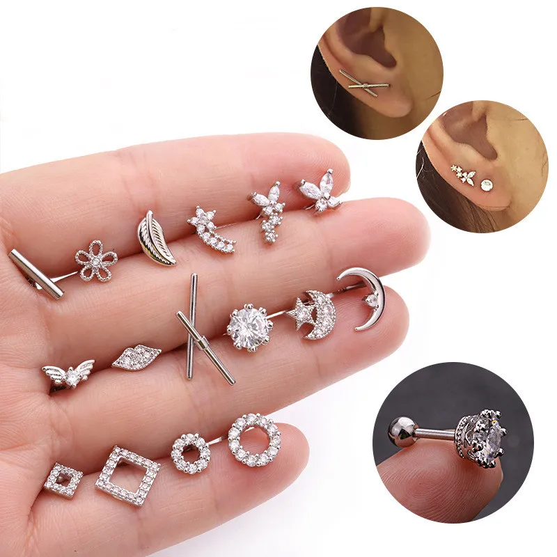 

Silver Color CZ Crystal Stud Piercing Moon Star Geometric Cartilage Earring Conch Tragus Stud Helix Cartilage Piercing Jewelry