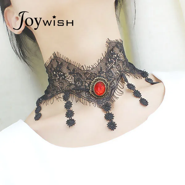 Gothic Style Punk Tattoo Choker Necklace Grunge Black Hollow out Lace with Red Rhinestone Decoration | Украшения и аксессуары