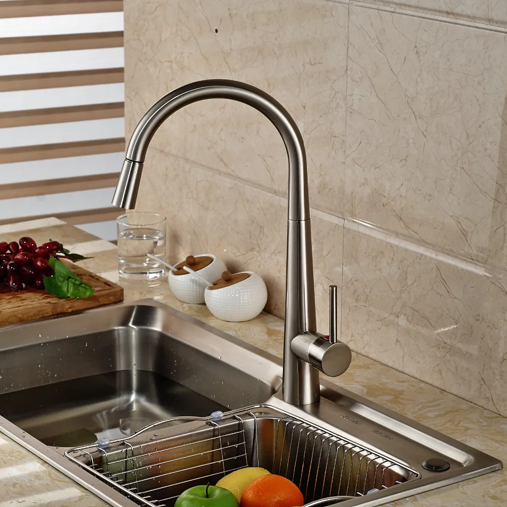 

Deck Mounted Kitchen Faucet Brushed Nickle Finish Tap One Hole Faucet Mixer Faucet Swivel Spout