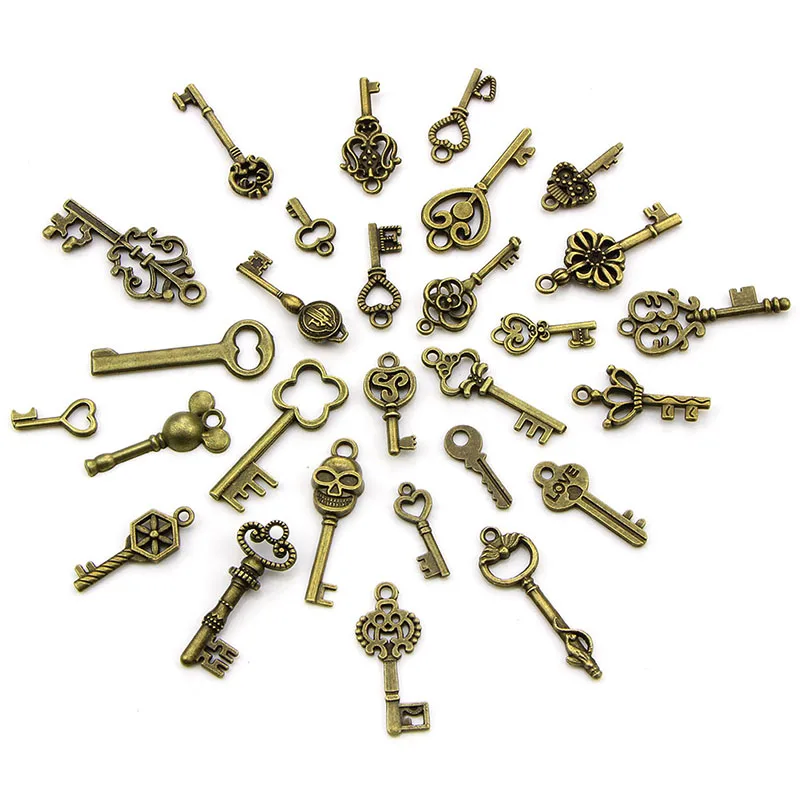 50 шт./лот, винтажные подвески, смешанные Ключи Подвеска, античная бронза, Брелоки для ключей, подходят для браслетов, ожерелья, сделай сам, металлические ювелирные изделия