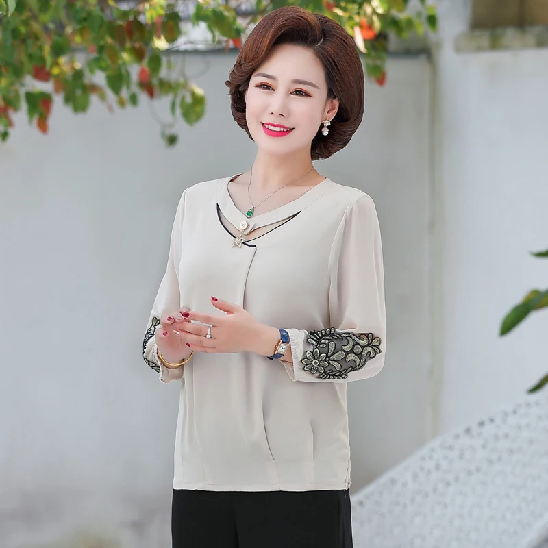 Summer Woman Chic Chiffon Blouses Beige White Round Collar Floral Three Quarter Sleeve Crepe Tops Female Casual Tunic Shirts 4XL Summer Woman Chic Chiffon Blouses Beige White Round Collar Floral Three Quarter Sleeve Crepe Tops Female Casual Tunic Shirts 4XL