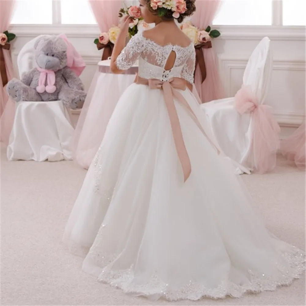 US $53.40 New Flower Girl Dress For Wedding White Ivory Appliques Short Sleeves ONeck First Communion Gowns Vestidos Longo