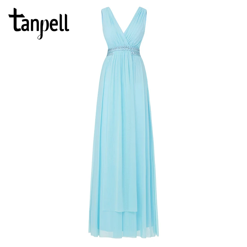 Tanpell длинное вечернее платье, элегантное голубое небо, v-образный вырез, без рукавов, длина до пола, платье трапециевидной формы, дешевое, украшенное кристаллами, вечернее платье - Цвет: sky blue