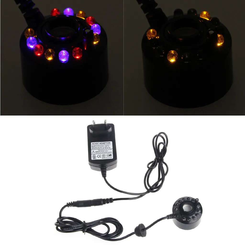 

Ultrasonic12-LED Pond Mist Maker Fogger Water Fountain 3-Color Light EU Plug Drop Ship No28