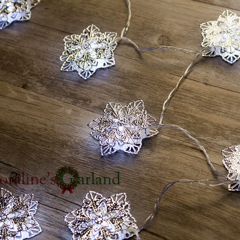 

20 LED Battery Operated Metal snowflake LED Fairy Lights String garland lights for Christmas Holiday Wedding Party Decoration