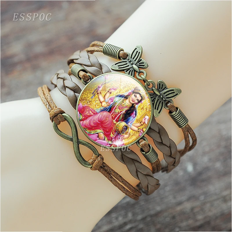 Lakshmi браслет богини художественное изображение стекло кабошон Многослойный кожаный браслет индуизм амулет ювелирные изделия подарок для женщин