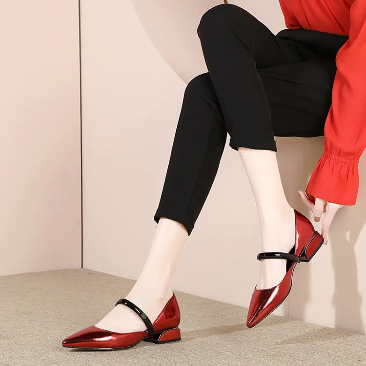 

zorssar 2019 women pumps autumn spring Cow leather Mary Janes buckle strap pointed toe low heel lady shoes party size 40